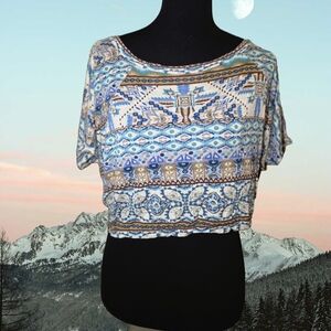Y2K Tribal Print Women's Top - Blue and Brown